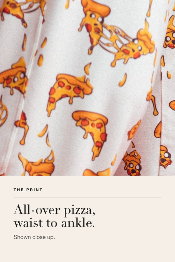 Pizza Pants All-over Pizza Print Shown Close Up - Slouch Potato 