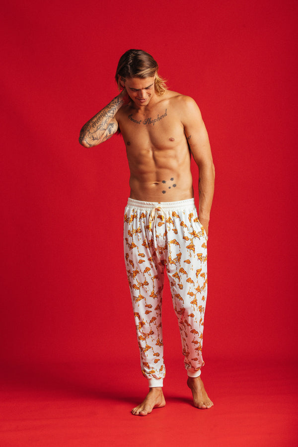 Pizza Pants Unisex Pizza-print Lounge Pants, Front View - Slouch Potato Pizza & Dumplings 